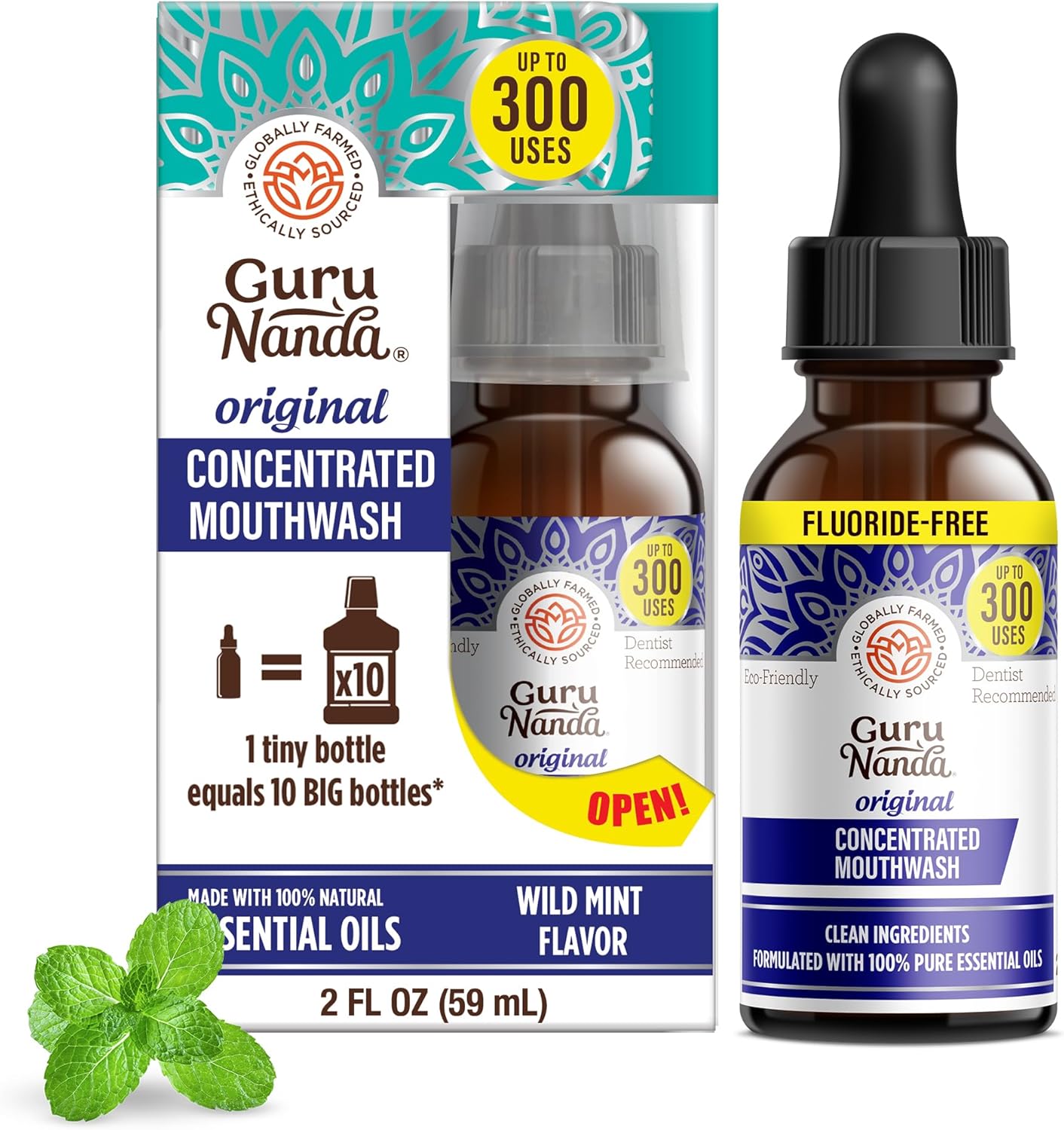 GuruNanda Concentrated Mouthwash (2 fl oz), Fluoride-Free, Mint Mouthwash with Natural Essential Oils, Supports 300 Rinses, Aids in Fresh Breath