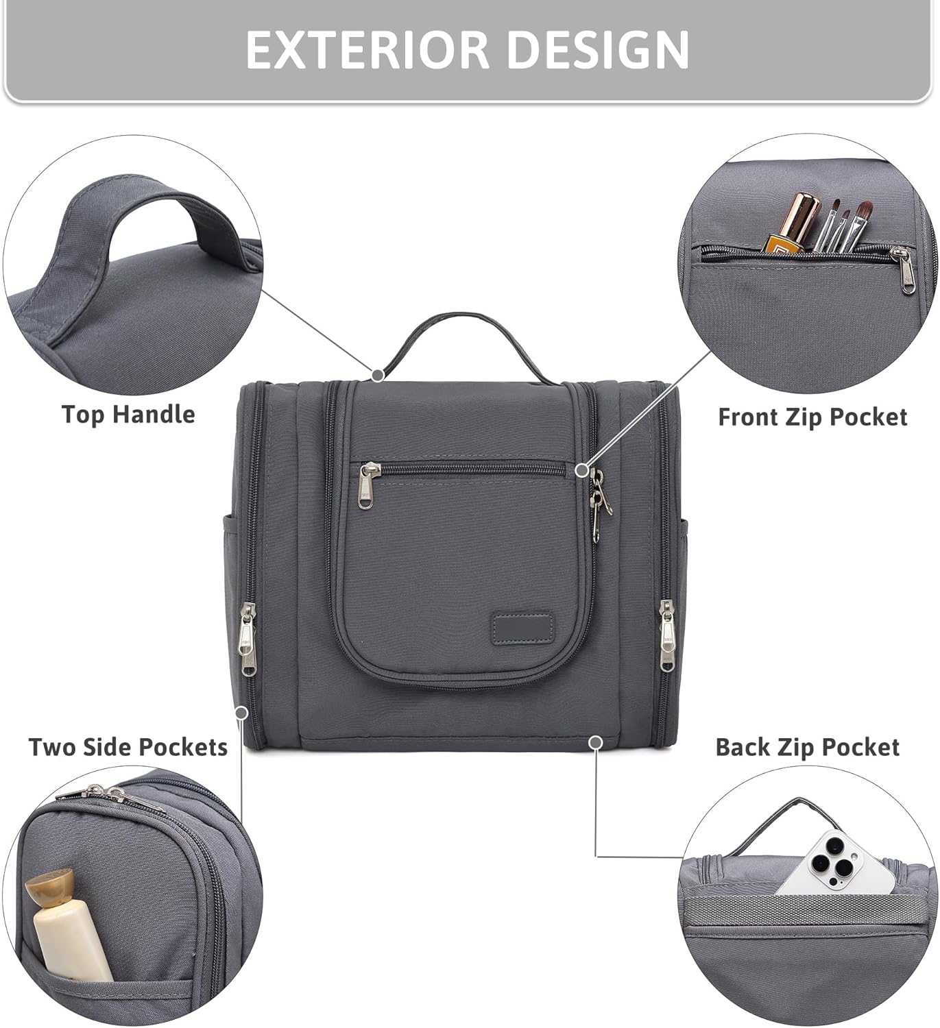 Pearl Angeli Hanging Toiletry Bag for Women, Large Makeup Cosmetic Bag, Water Resistant Toiletries Travel Essentials Organizer, Full-size Container, Grey