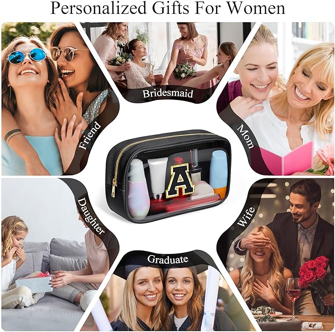YOOLIFE Travel Toiletry Bag for Women, Black Clear Makeup Bag Cute Make Up Bag Cosmetic Bags Skin Care Makeup Bag Organizer Birthday Gifts for Women Teacher Mother Girlfriend Initial H