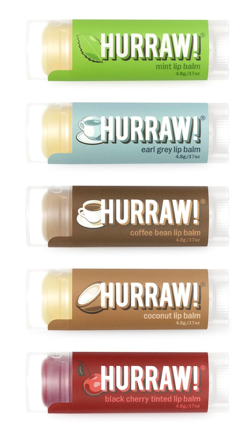 Hurraw! Lip Balms: Staff Favorites, 5 Balm Bundle Pack – Mint, Earl Grey, Coffee Bean, Coconut, Black Cherry (Sheer Red Tint). Organic, Certified Vegan, Cruelty & Gluten Free. All Natural. Made in USA