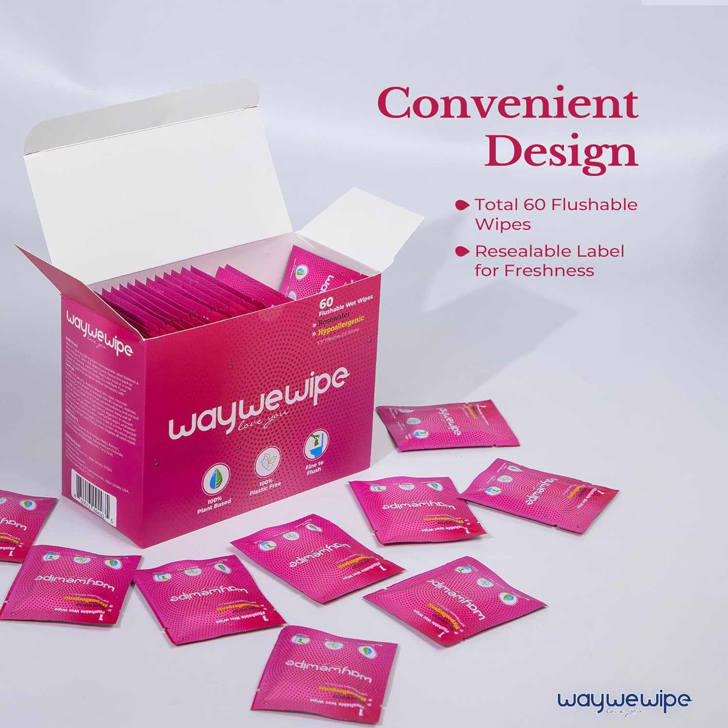 On-The-Go Flushable Feminine Wet Wipes, 60 Count XL Individually Wrapped Female Wipes, Hypoallergenic 100% Plant Based Septic Safe, Travel Size Adult Cleansing Cloth for Women, Rosewater