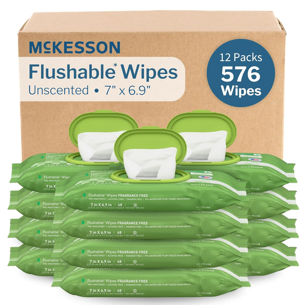 McKesson Flushable* Adult Wet Wipes – 576 Wipes (12 Pack of 48) – Aloe & Vitamin E, Plant-Based Cleansing Wipes, Unscented