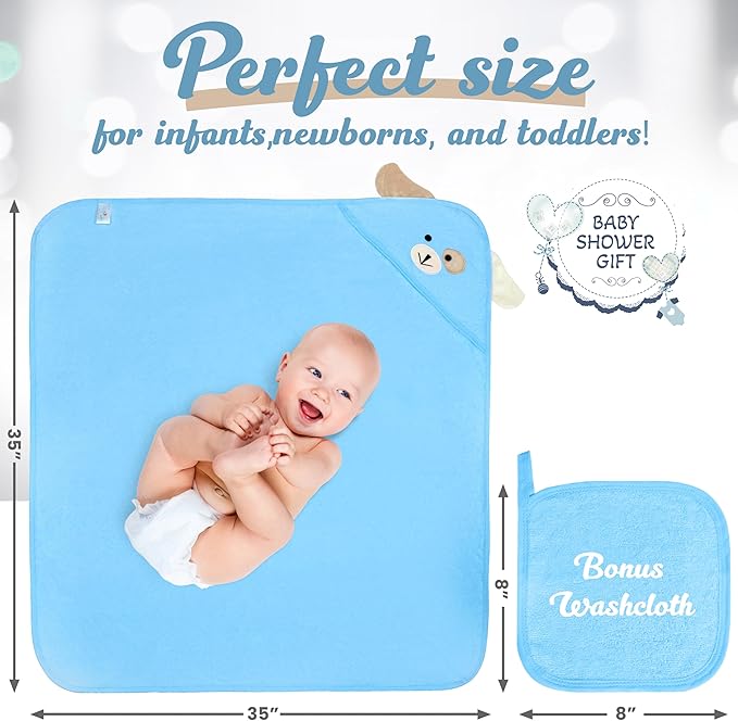 Baby Towels with Hood - Soft, Absorbent Viscose Made of Bamboo, Extra Large 35 x 35 Inches, for Newborns, Infants, Boys and Girls, Blue