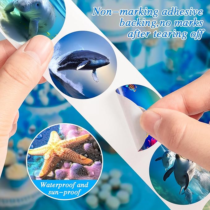 1200Pcs Roll Ocean Stickers Round Sea Animals Stickers for Kids Fish Sticker for Water Bottle Teacher Reward School Supplies Incentives (16 Styles)