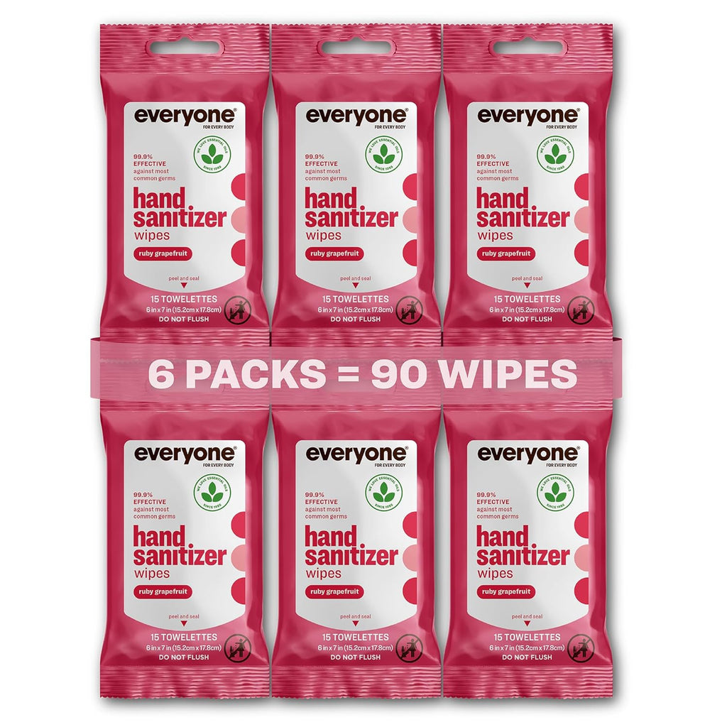 Everyone Hand Sanitizer Wipes, 15 Wipes (Pack of 6), Ruby Grapefruit, Made with Sugarcane Derived Alcohol with Essential Oils, TSA friendly
