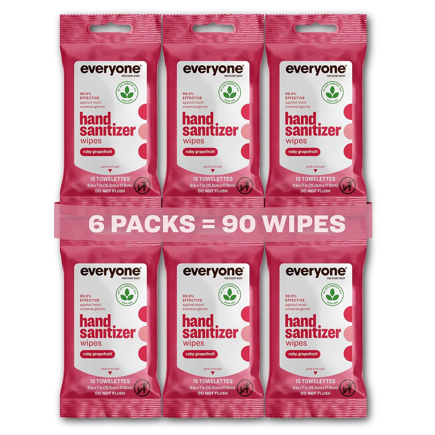 Everyone Hand Sanitizer Wipes, 15 Wipes (Pack of 6), Ruby Grapefruit, Made with Sugarcane Derived Alcohol with Essential Oils, TSA friendly