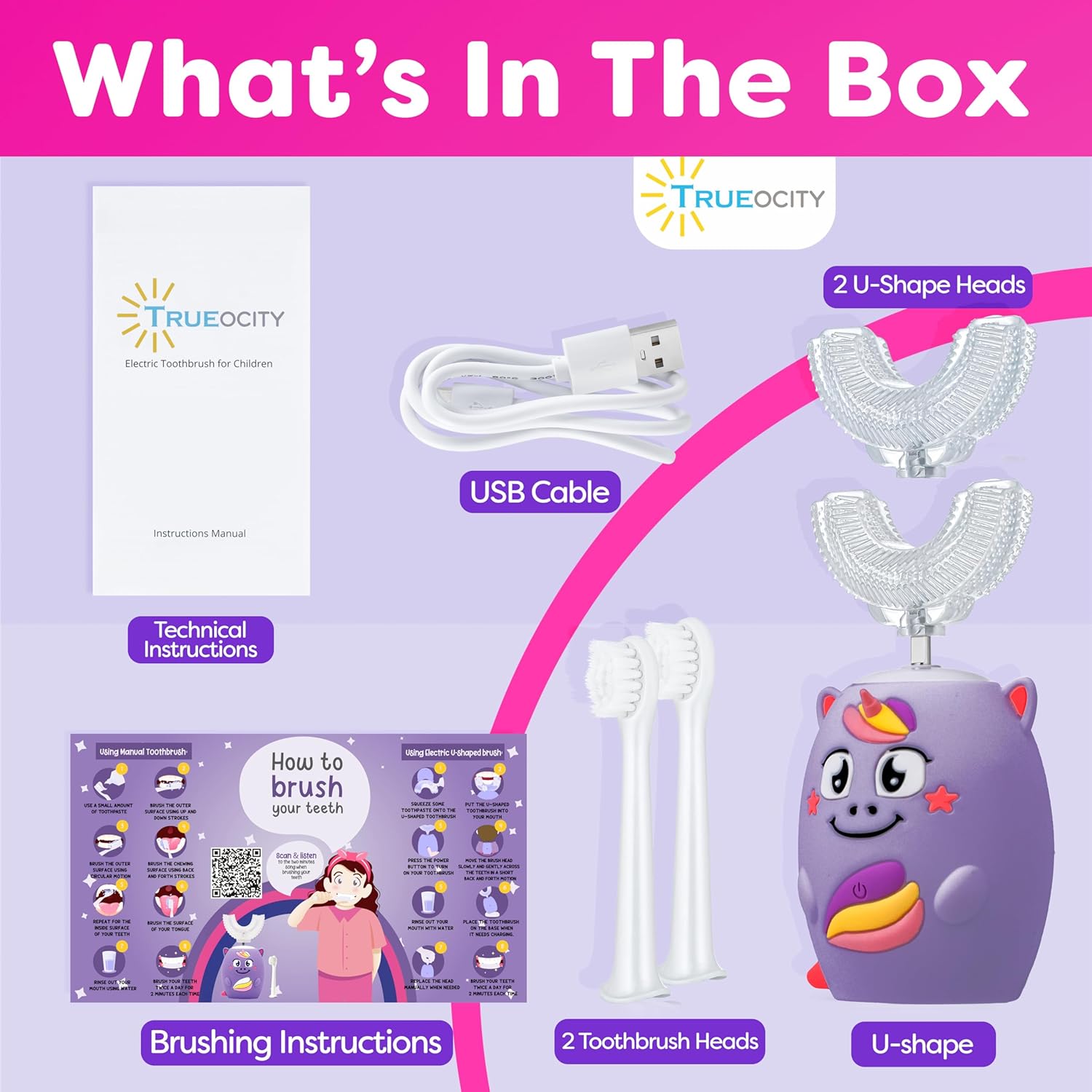 Trueocity Kids U Shape Toothbrush Auto Electric Toddler Rechargeable Kids Automatic Toothbrush | 360° U-Shaped Silicone Brush Head | Gentle Cleaning for Ages 2–7 | Unicorn Design (Purple)