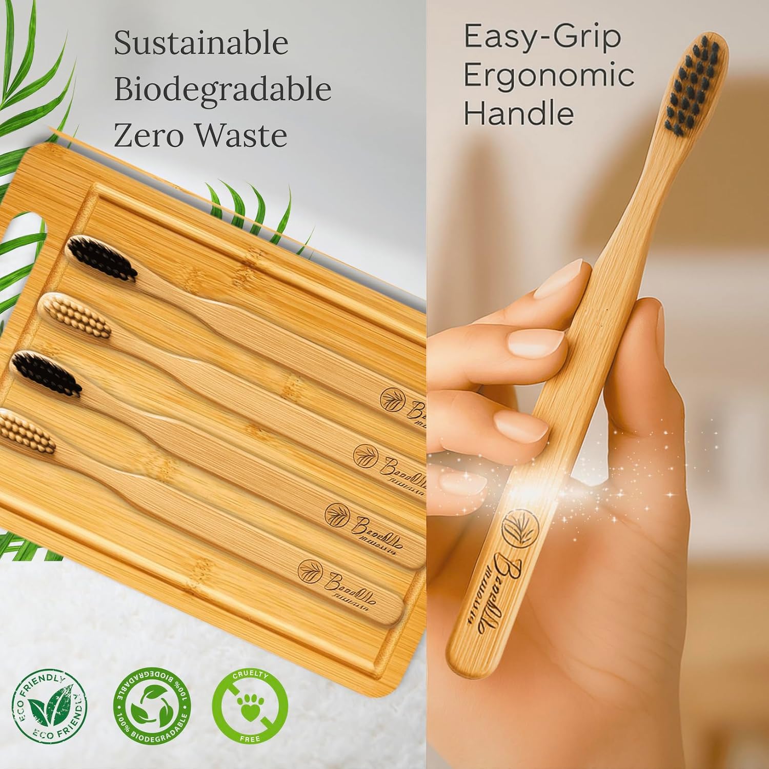 Bamboo Toothbrushes, 4-Pack Soft Bristle, Eco-Friendly, Biodegradable, Natural Wooden, Plastic-Free