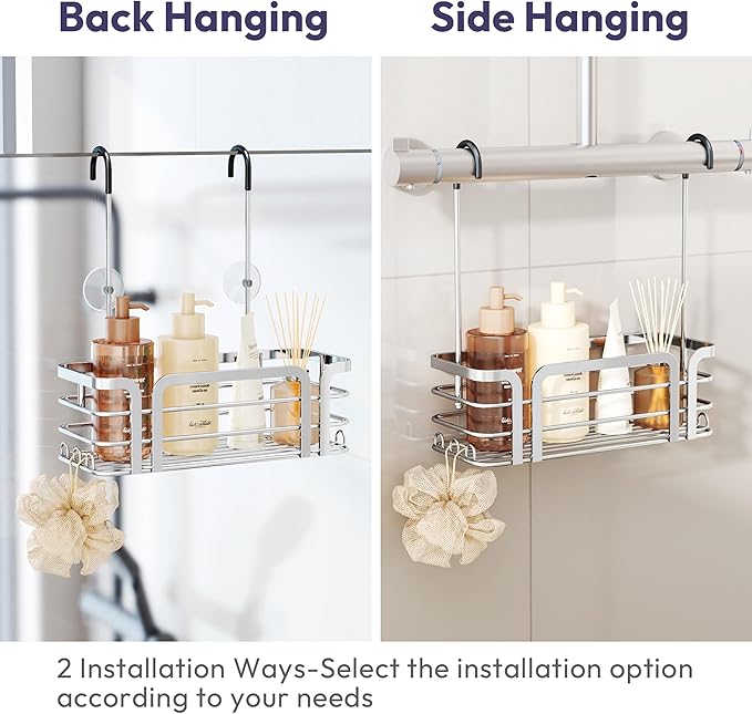 SWTYMIKI Shower Caddy Hanging Organizer - Over the Door Shower Caddy with 6 Hooks, 2 Installation Ways, Stainless Steel Rustproof Bathroom Organizer, Silver