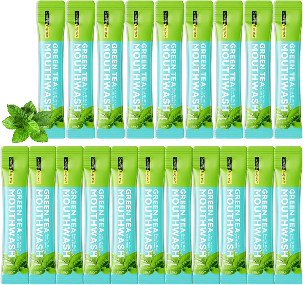 Mini Mouthwash Travel Size,Green Tea Flavor Portable Individual Travel Mouth Wash for Fresh Breath, Refreshing Long Lasting Gentle Oral Care Mouthwash Packs(Pack of 20)