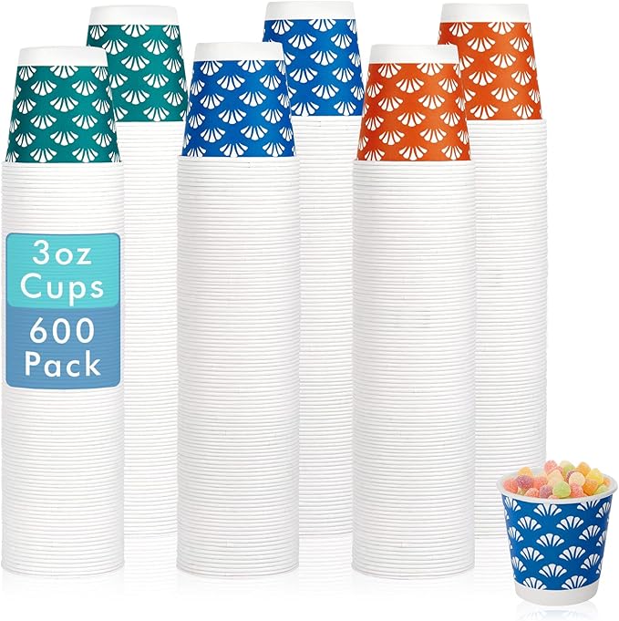 JollyPack 600 Pack 3 oz Disposable Bathroom Paper Cups, Small Mouthwash Cups in Orange, Blue, and Green, Great for Candy, Biscuits, Bathroom Use, Parties, Picnics, and Travel