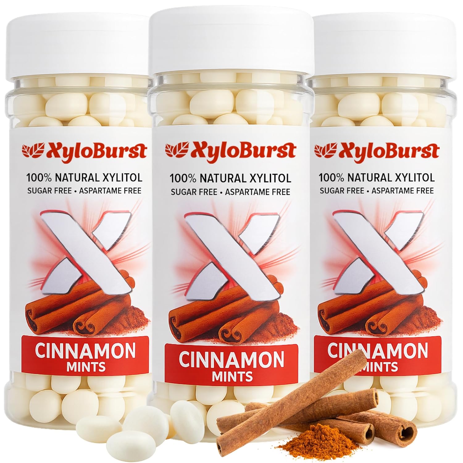 XyloBurst - Xylitol Mints | Sugar Free Breath Mints for Oral Health | Gluten Free, Vegan, Keto Friendly | Aspartame Free Mint | Cinnamon | 200 Count Jar, 3-Pack