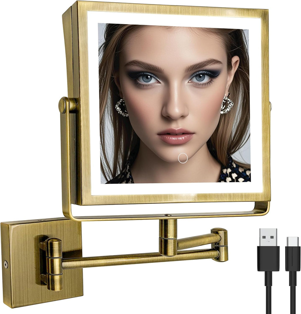 Ruacq Rechargeable Wall Mounted Makeup Mirror with Lights, Double Sided 1X/10X Magnifying Vanity Mirror with 3 Color Lights, Touch Screen Dimmable, 360° Rotation Extension Foldable Arm(Antique Brass)