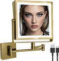 Ruacq Rechargeable Wall Mounted Makeup Mirror with Lights, Double Sided 1X/10X Magnifying Vanity Mirror with 3 Color Lights, Touch Screen Dimmable, 360° Rotation Extension Foldable Arm(Antique Brass)