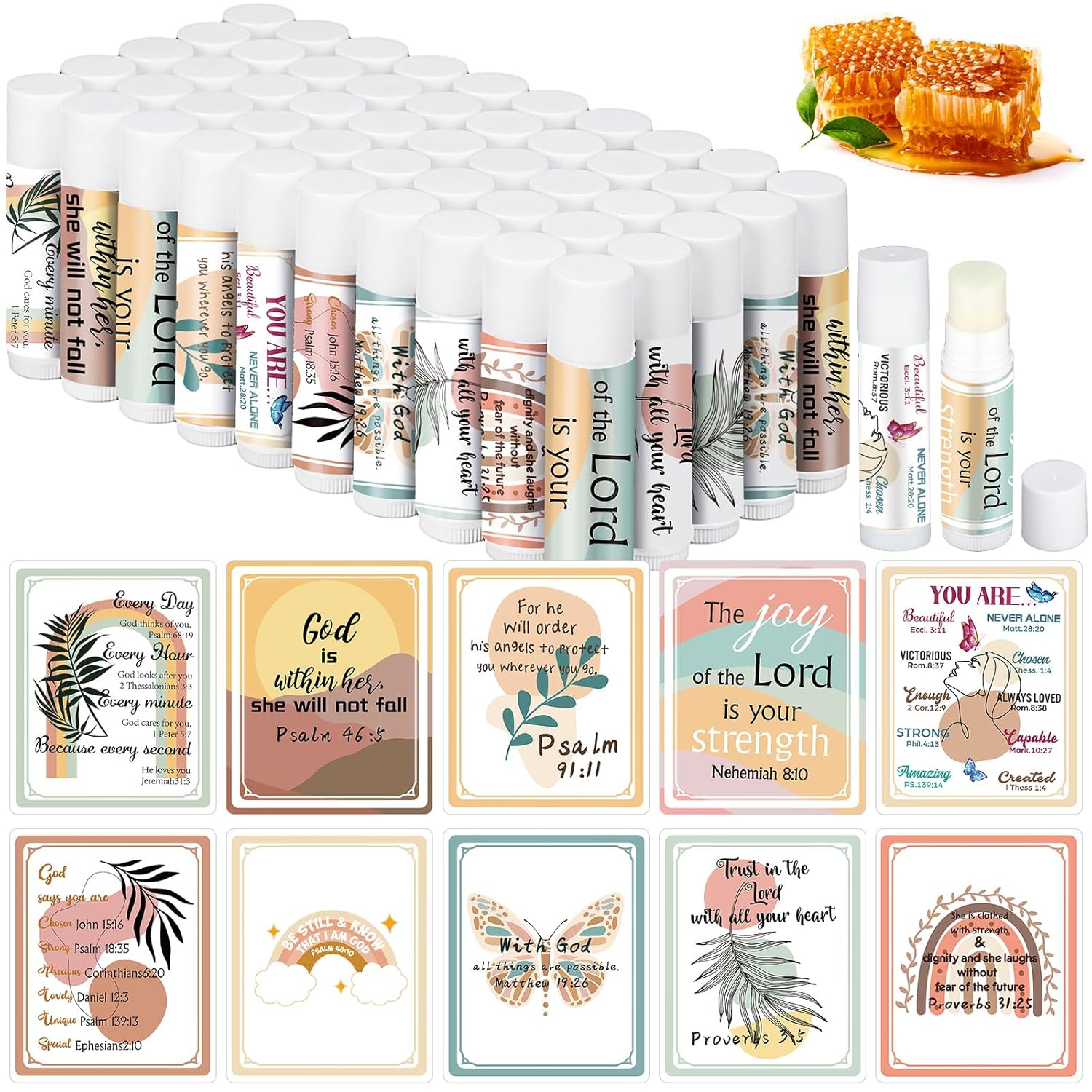 50 Pack Christian Religious Gifts Bulk Lip Balms for Women Men Religious Church Party Favors Bulk Bible Verse Lip Balm with Scripture Inspirational Gifts for Coworkers Staff Employee(Boho)