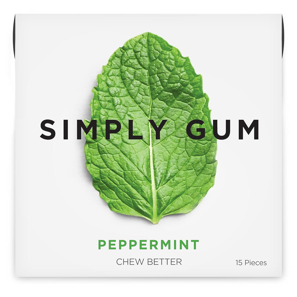 SIMPLY Gum Peppermint, Plastic-Free Natural Chewing Gum, 6 Pack (90 Pieces) | Vegan, Kosher, Non GMO, Aspartame Free and Sorbitol Free