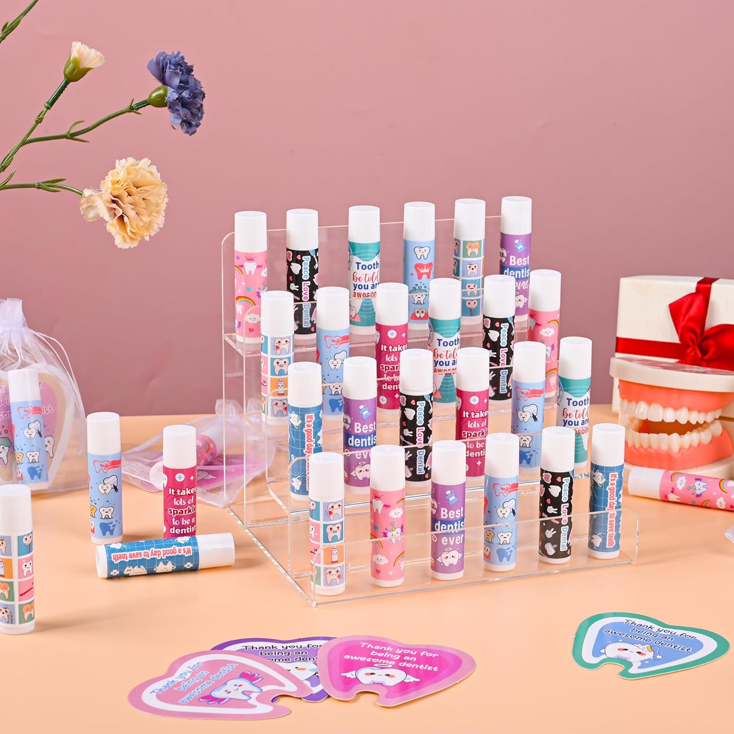 24 Pcs Dentist Gifts Include Lip Balm Thank You Tag Organza Bag Dental Gift for Dental Hygienist Dental Assistant Nurse Suitable Birthday Christmas Thanksgiving Gifts