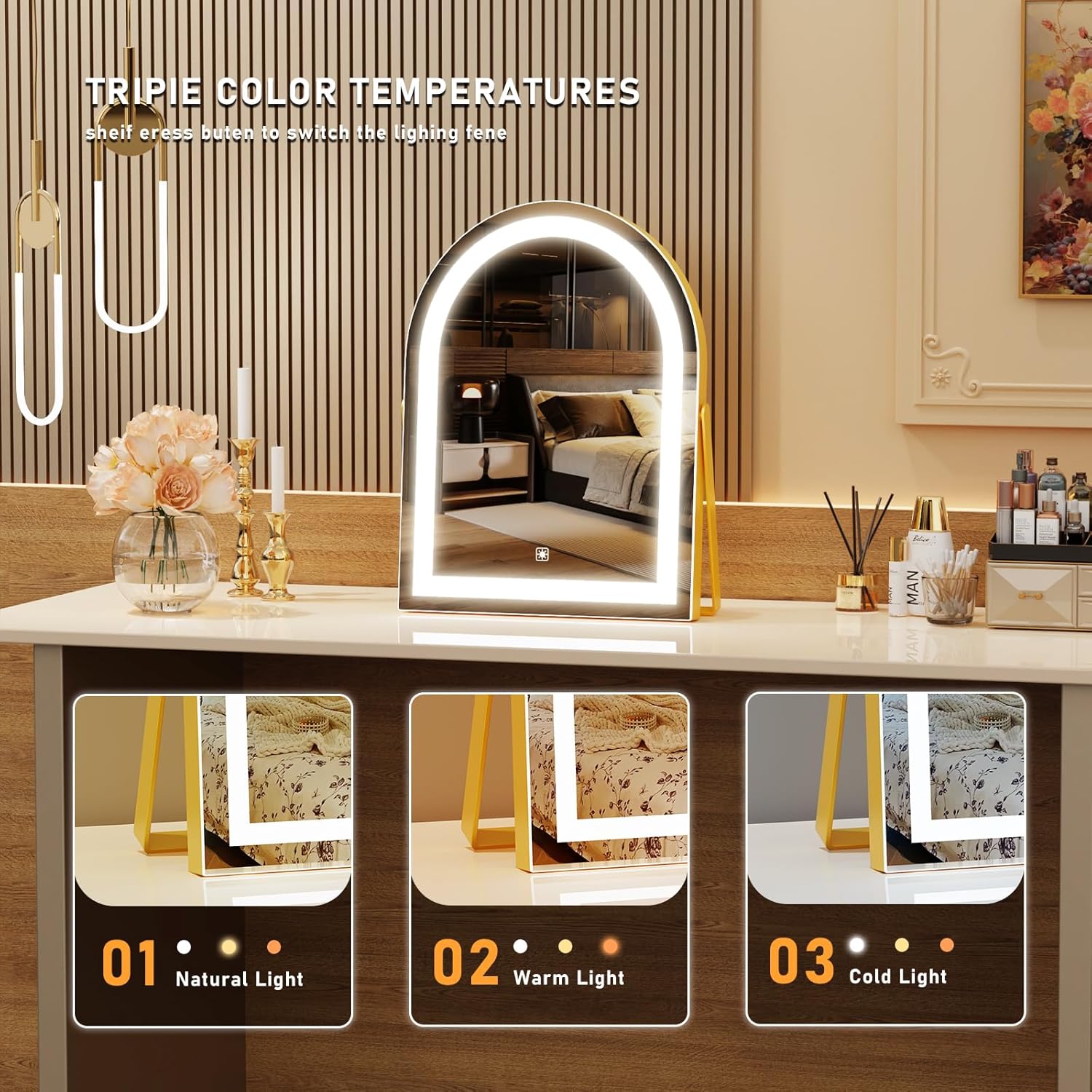 Vanity Mirror with Lights, 16" Light Up Makeup Mirror, LED Makeup Mirror with Lights for Bedroom Tabletop, Smart Touch Control 3 Colors Dimmable, 360° Rotation Gold