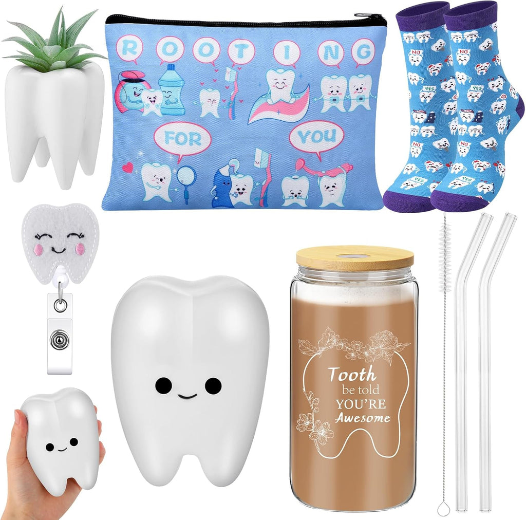 Pickmesh 6 Pcs Dental Gifts Dentist Assistant Hygienist Gifts 16 oz Glass Cups with Lid Makeup Bag Socks Badge Holder Tooth Brush Pot for Women Coworkers Doctor Nurse Christmas Accessories(Gray Blue)