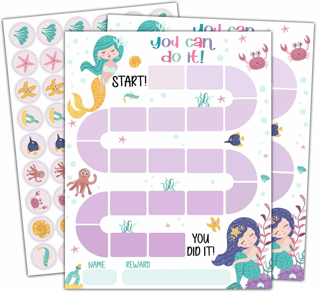 10 Mermaid Reward Chart with 216 Round Stickers, Incentive Behavior Chart for Kids at Home Classroom, Kids Routine Daily Chore Sticker Chart-A11