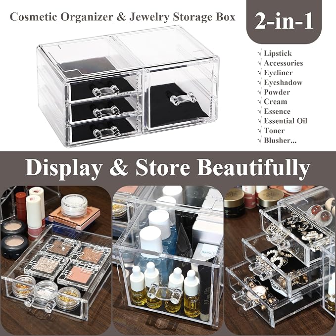 Sea Team Clear Makeup Organizer with Drawers, Acrylic Plastic Cosmetic Display Case, Jewelry Storage Box, Holder for Dresser, Bathroom, Vanity, Countertop (1 Large, 3 Small Drawers)