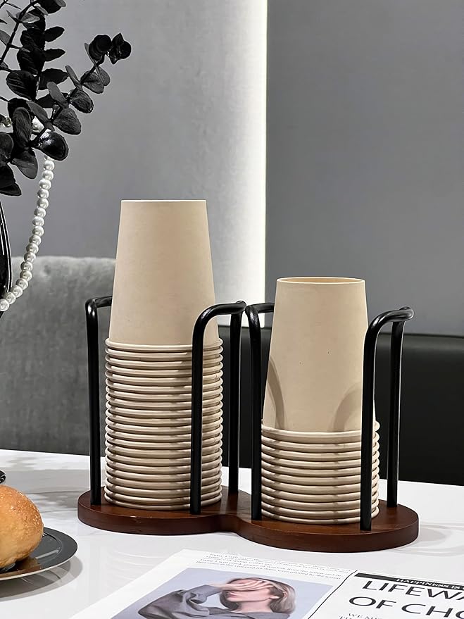 Wood Bathroom Cup Holder 3oz-8oz, Stylish Walnut Disposable Cup Dispenser, Plastic Mouthwash Cup Storage Organizer for Cups (Under 3.35in Diameter) -Perfect for Office, Kitchen, Gym, School or Cafes