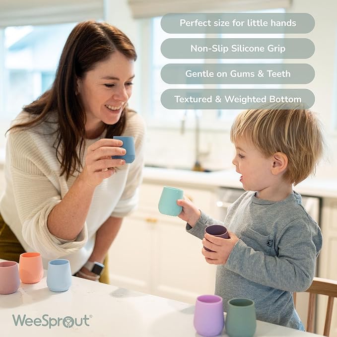 WeeSprout Silicone Baby Training Cups - Set of 2 Soft Silicone Cups - 2 oz Open Cup for Baby 6+ Months - Non-Slip Grip, Weighted Base - Gentle on Gums & Teeth (Pastel Purple & Pastel Mint)