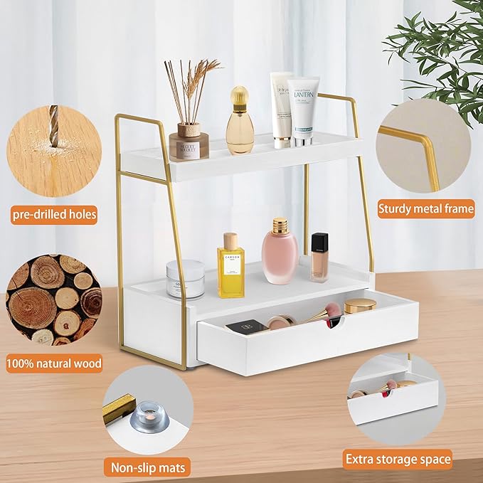 2-Tier Bathroom Organizer Countertop with Drawer, Wood Counter Organizer for Bathroom Decor, Sink Shelf for Vanity Storage, Makeup Tray for Perfume Skincare Bedroom Kitchen Corner