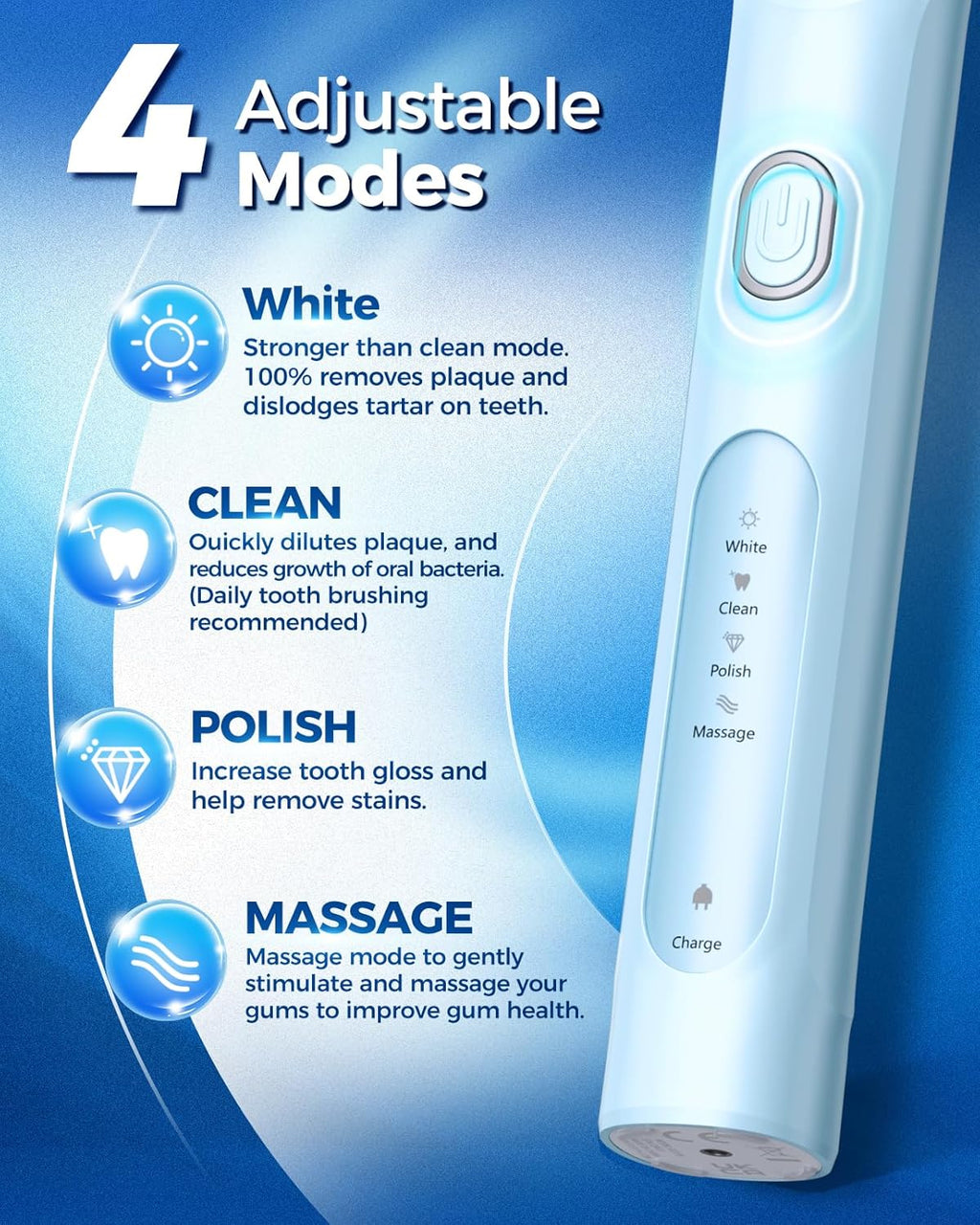 TEETHEORY Rotating Electric Toothbrush for Adults with 8 Brush Heads (2 Types), 4 Modes Deep Clean Electric Toothbrush with Rechargeable Power and 2 Min Smart Timer (7-SkyBlue, p1)