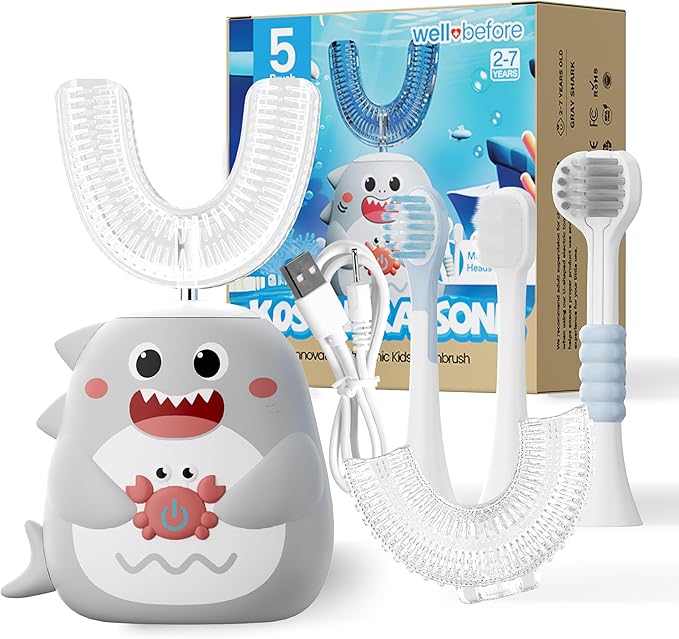 Well Before Ultrasonic Kid's U-Shaped Electric Toothbrush, IPX7 Waterproof, Five Cleaning Modes (Shark, Grey Ages 2-7)