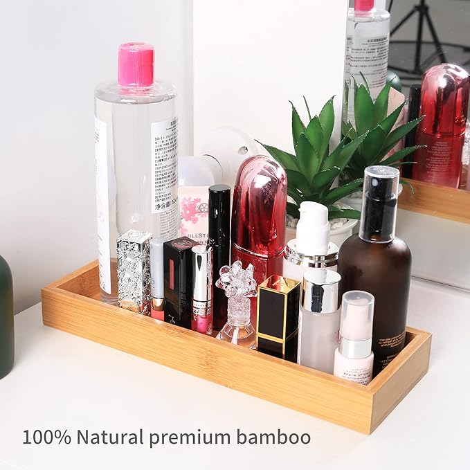 Natural Bamboo Rectangular Vanity Tray, 11.8 x 4.6 x 1.2 inches, Brown, Solid, Rustic, Eco-friendly, Non-slip, Perfect for Perfume, Toiletries, Decorative Items