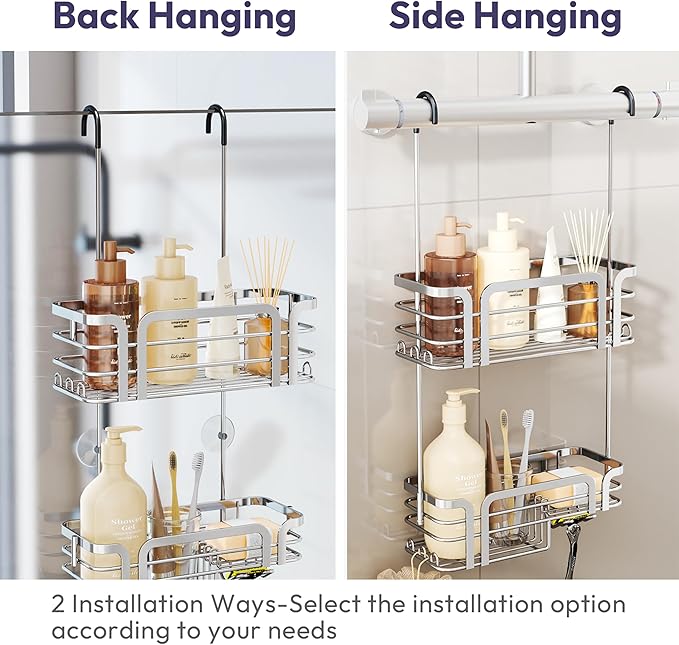 SWTYMIKI Shower Caddy Hanging Organizer - Over the Door Shower Caddy with Soap Holder, 11 Hooks, 2 Installation Ways, Stainless Steel Rustproof Bathroom Organizer, Silver