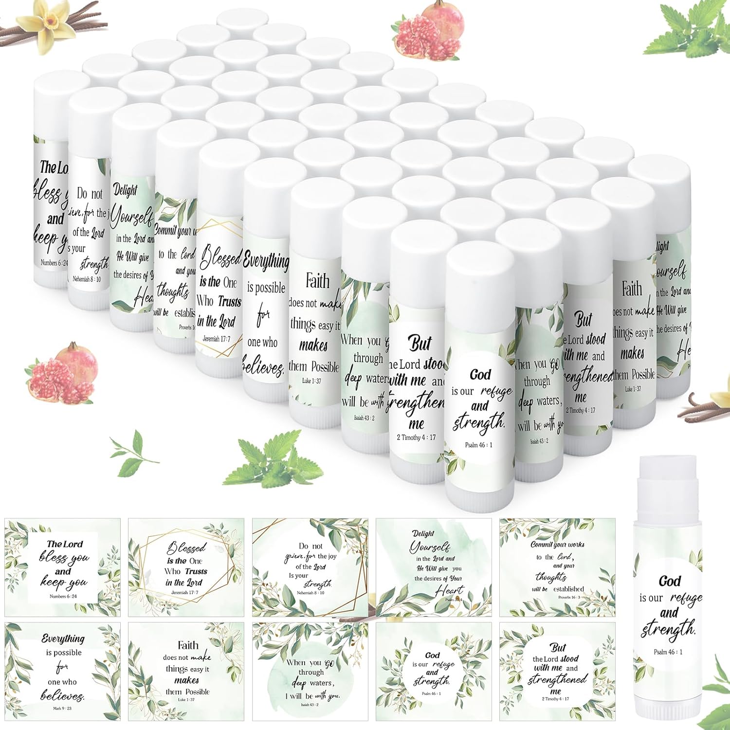 50 Pcs Christmas Christian Lip Balm Bulk Bible Verses Lip Balm Scripture Christian Gifts for Women Faith Religious Church Party Favor Inspirational Gift for Coworker Staff Employee(Eucalyptus Leaf)