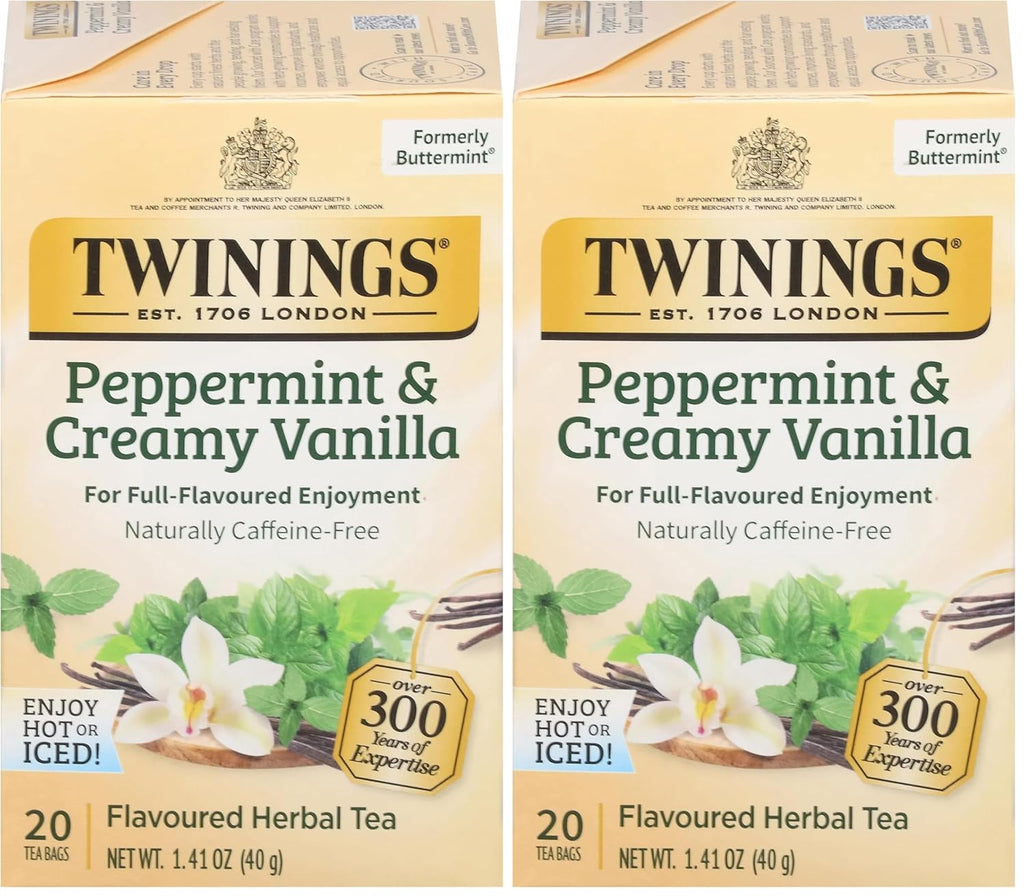 Twinings Peppermint & Creamy Vanilla Herbal Tea Individually Wrapped Bags, 20 Count (Pack of 2), Formerly Buttermint, Naturally Caffeine-Free, Enjoy Hot or Iced
