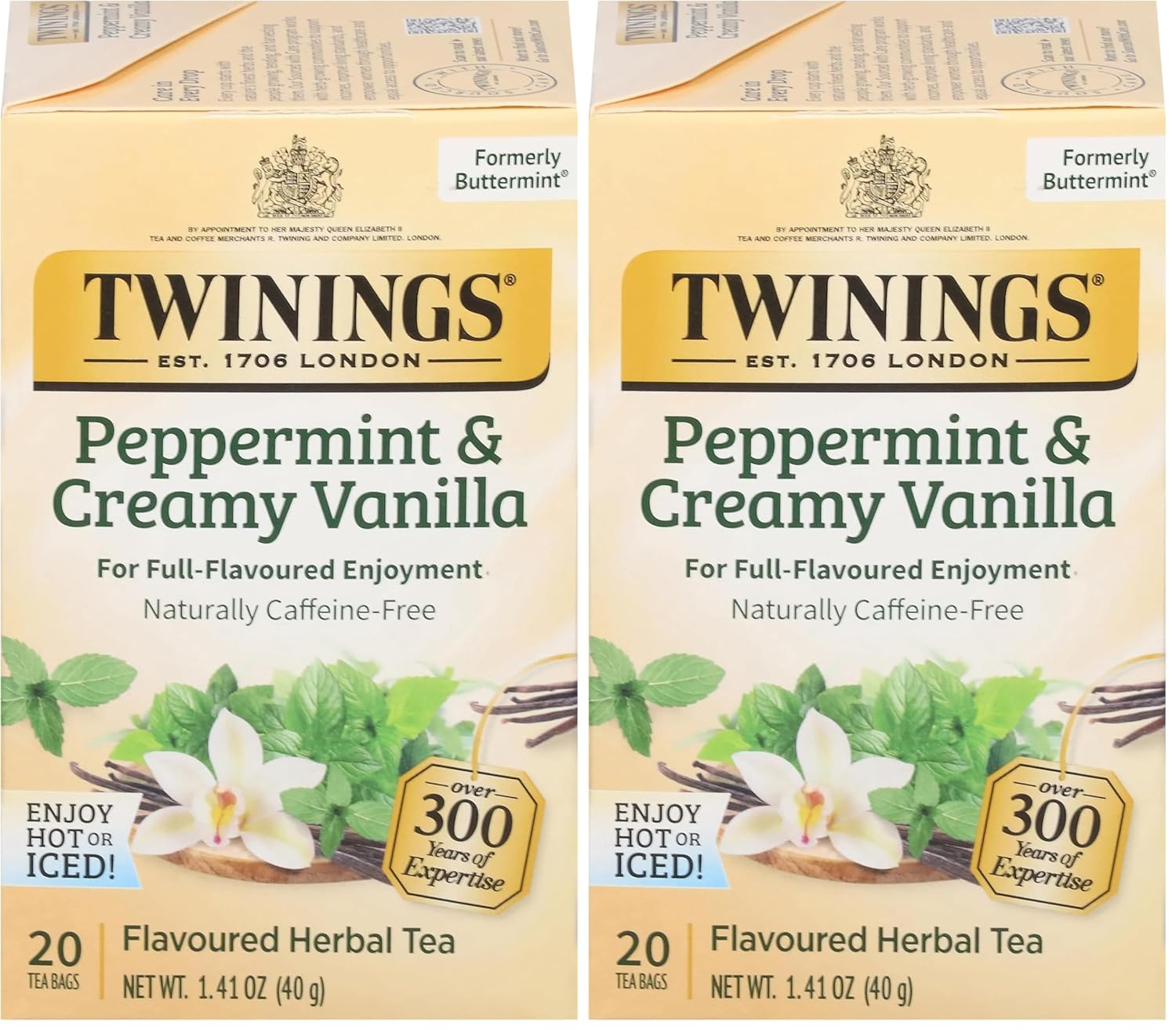Twinings Peppermint & Creamy Vanilla Herbal Tea Individually Wrapped Bags, 20 Count (Pack of 2), Formerly Buttermint, Naturally Caffeine-Free, Enjoy Hot or Iced