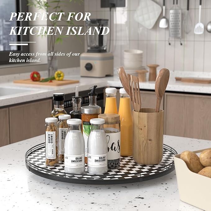 24" Black and White Kitchen Lazy Susan Turntable, Round Checkered Decorative Tray, Large Lazy Susan for Dining Table Centerpiece, Pantry, Kitchen, Bathroom, Countertop, Cupboard, Home Decor