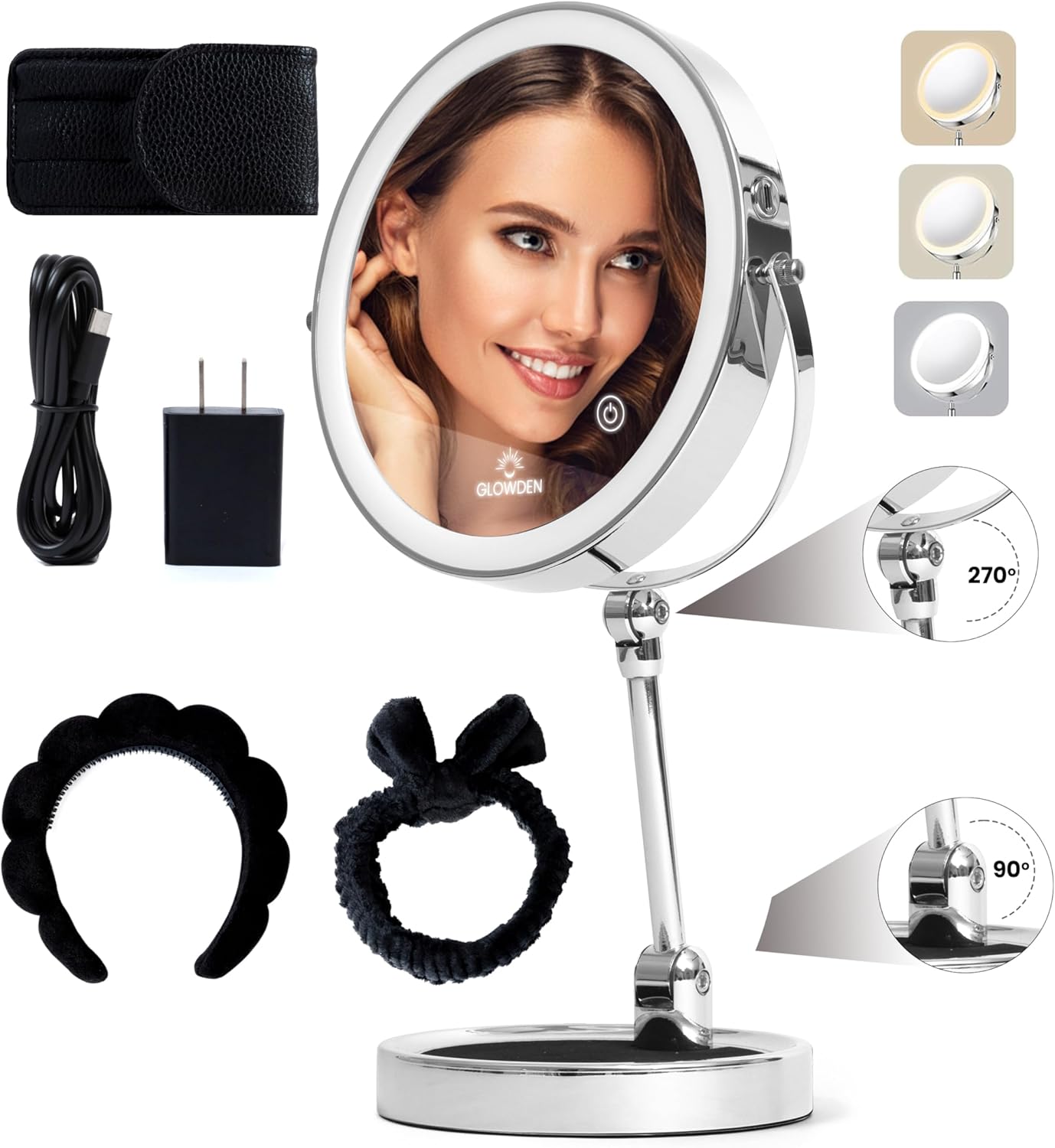 Smart 9" LED Light Makeup Mirror, Rechargeable, 1X/10X Magnifying Vanity Mirror with 3 Color Lights, Height Adjustable, Large Tall 360° Swivel Double Sided Standing Travel Mirror (Chrome)