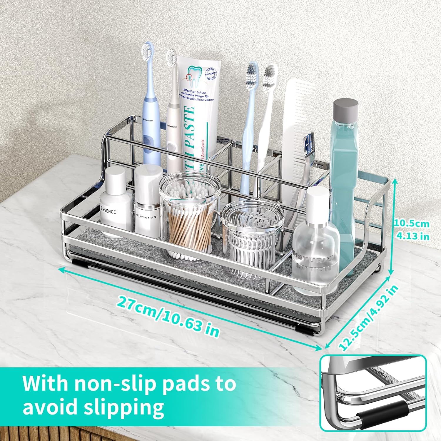 HapiRm Toothbrush Holders for Bathroom - 5 Partitions Bathroom Counter Organizer with Instant Drying Stone, Stainless Steel Countertop Storage Electric Toothbrush Toothpaste Holder - Silver