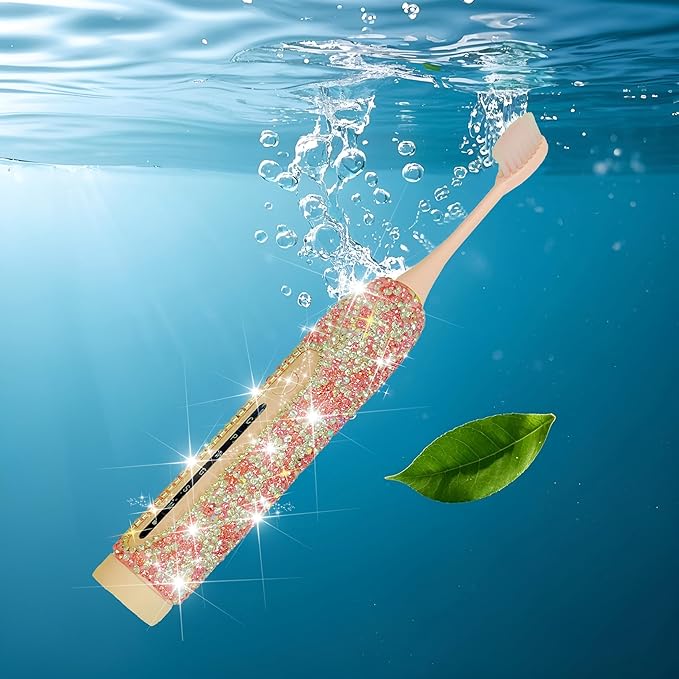 Electric Toothbrush for Woman Bling Diamond Decor Portable Travel Essentials for Couple Gifts Toothbrush with 3 Replacement Heads 6 Modes（Pink & Black