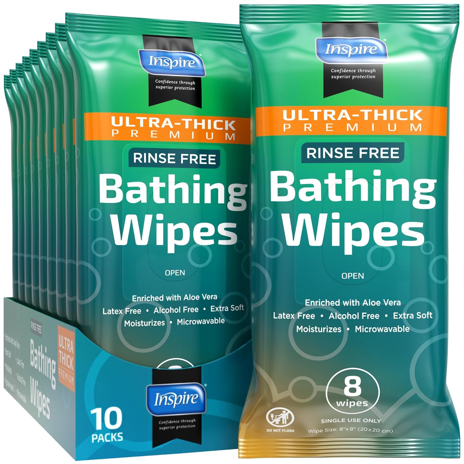 Inspire Ultra Thick Rinse-Free Bath Towels | Shower Towels - Flush-Free Wet Wipes with Aloe | Thick Strong Extra Large Towel for Adults | Body Wipes for Adults Bathing No Rinse
