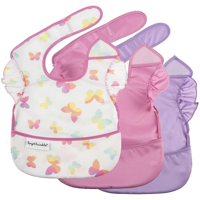 Tiny Twinkle Mess-Proof Baby Bibs for Eating | Waterproof, Wipeable Toddler Bibs with Catch-All Pocket | Feeding Bibs for Girls & Boys(3 Pack,Butterfly)