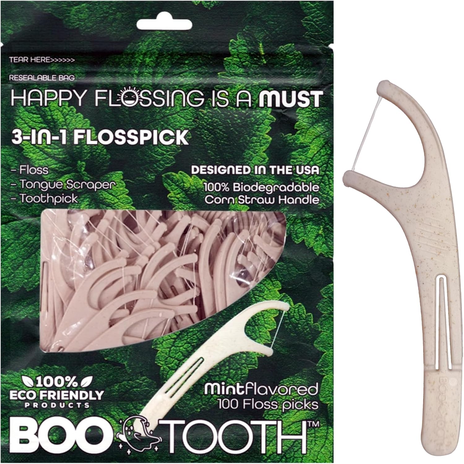 World’s First Eco-Friendly 3-in-1 Dental Floss Pick – Thin Flosser with Foldable Toothpick & Tongue Scraper – 100 Count, Biodegradable, Mint 100 Picks