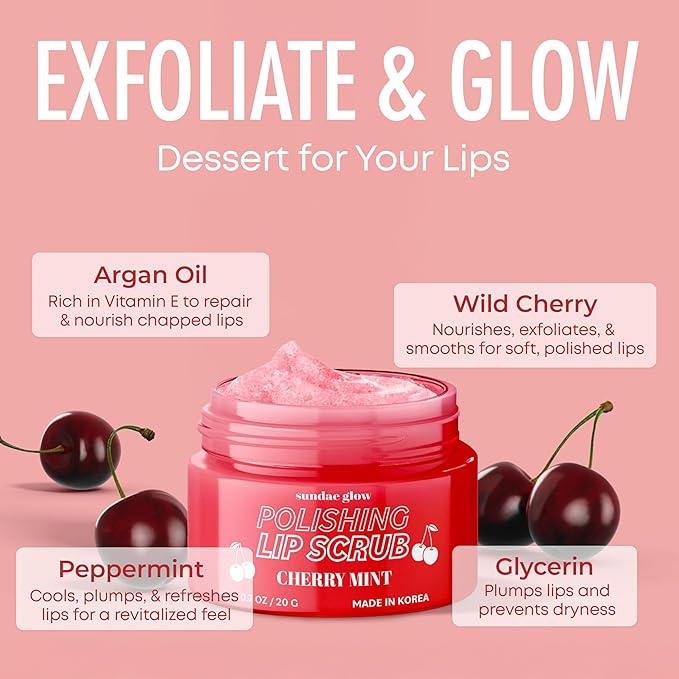 Lip Scrub with Cherry Mint – Gentle Exfoliation, Deep Hydration & Lip Repair – Softens & Revitalizes Dry Cracked Lips – Dermatologist Tested, Korean Skin Care – Clean Beauty – 1 Pack