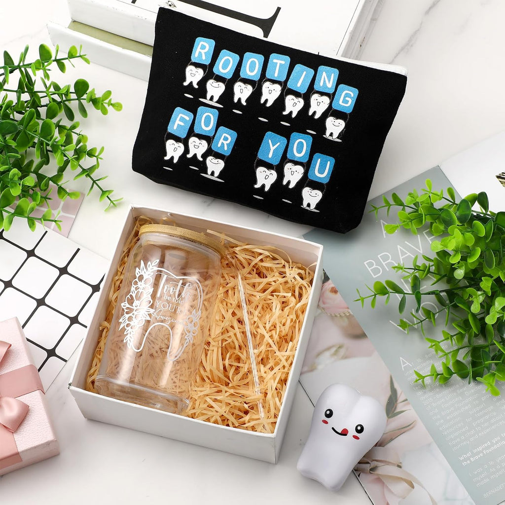 Sliner 3 Pcs Dental Nurse Gifts Dental Hygienist Gift 16 oz Glass Cups Makeup Bag Teeth Stress Toy for Women Coworkers Nurse Assistant Retirement Graduation Birthday Christmas Dentist Gift(Black)