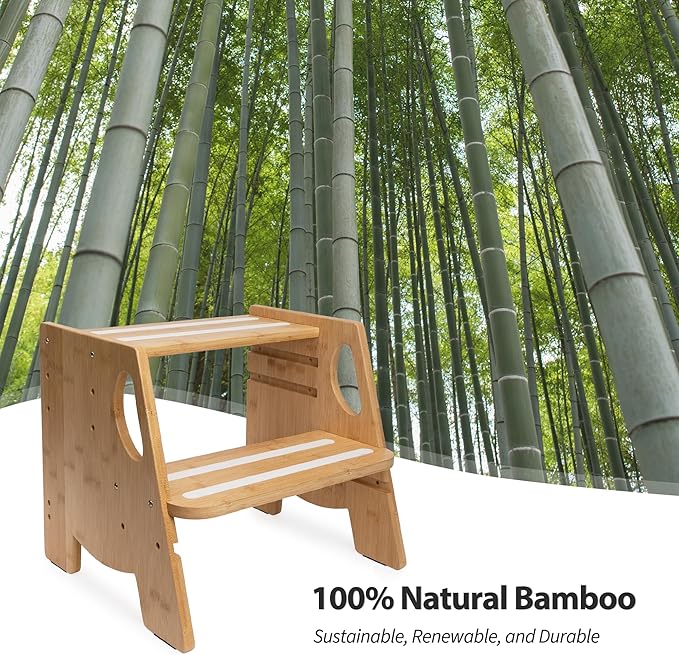 Wooden Toddler Step Stool for Bathroom Sink, Height-Adjustable, Luminous Anti-Slip Strips, Bamboo 2-Step Stool for Kids Adults, 300lbs, for Toilet Potty Training, Kitchen Counter, Bed