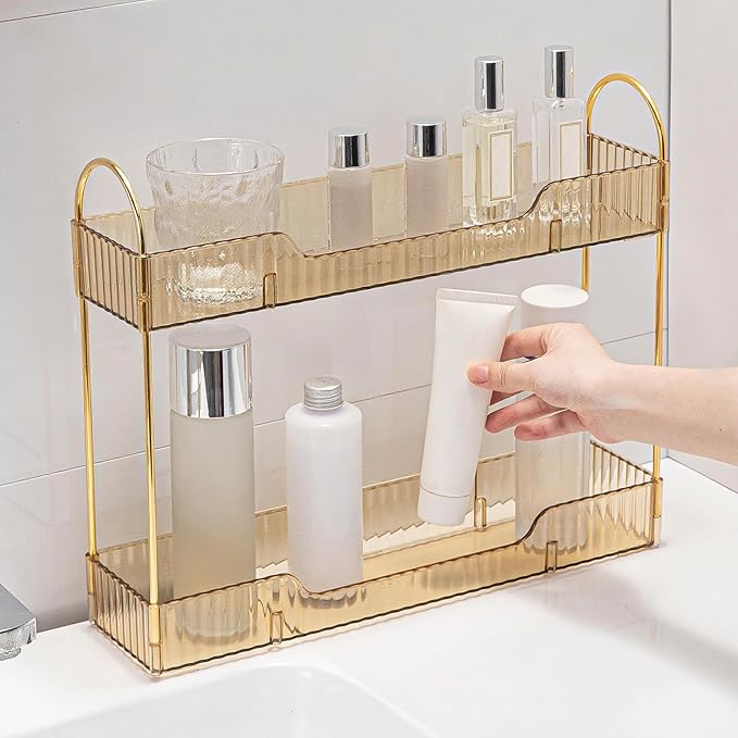 YCIA&DONE 2 Tiers Narrow Vanity Makeup Organizer, Bathroom Organizers Countertop Slim, Perfume Holder Skincare Storage Cosmetic Shelf Spice Rack, for Small Desktop Counter Space, Amber Gold