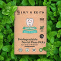 LILY & EDITH Biodegradable Dental Floss Picks Adults and Kids 300 Counts, Fluoride-Free, Plant Based Straw Wheat Material, Zero Waste Package, Shred Resistant (Mint)