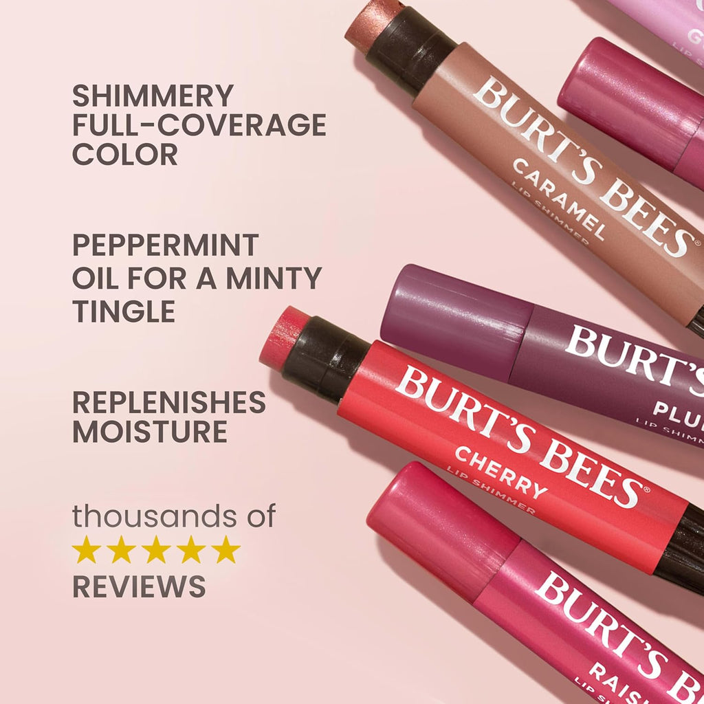 Burt's Bees Shimmer Lip Tint Set, Tinted Lip Balm Stick, Moisturizing for All Day Hydration with Natural Origin Glowy Pigmented Finish & Buildable Color, Raisin (1-Pack)