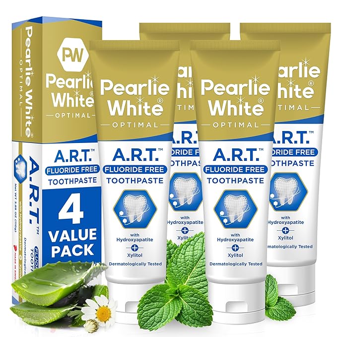 Pearlie White Active Remineralization Fluoride Free Toothpaste - 3.8oz/110gm - Remineralizing Toothpaste for Tooth Enamel Repair - Helps Remove Stains - Contains Hydroxyapatite and Xylitol - Pack of 4