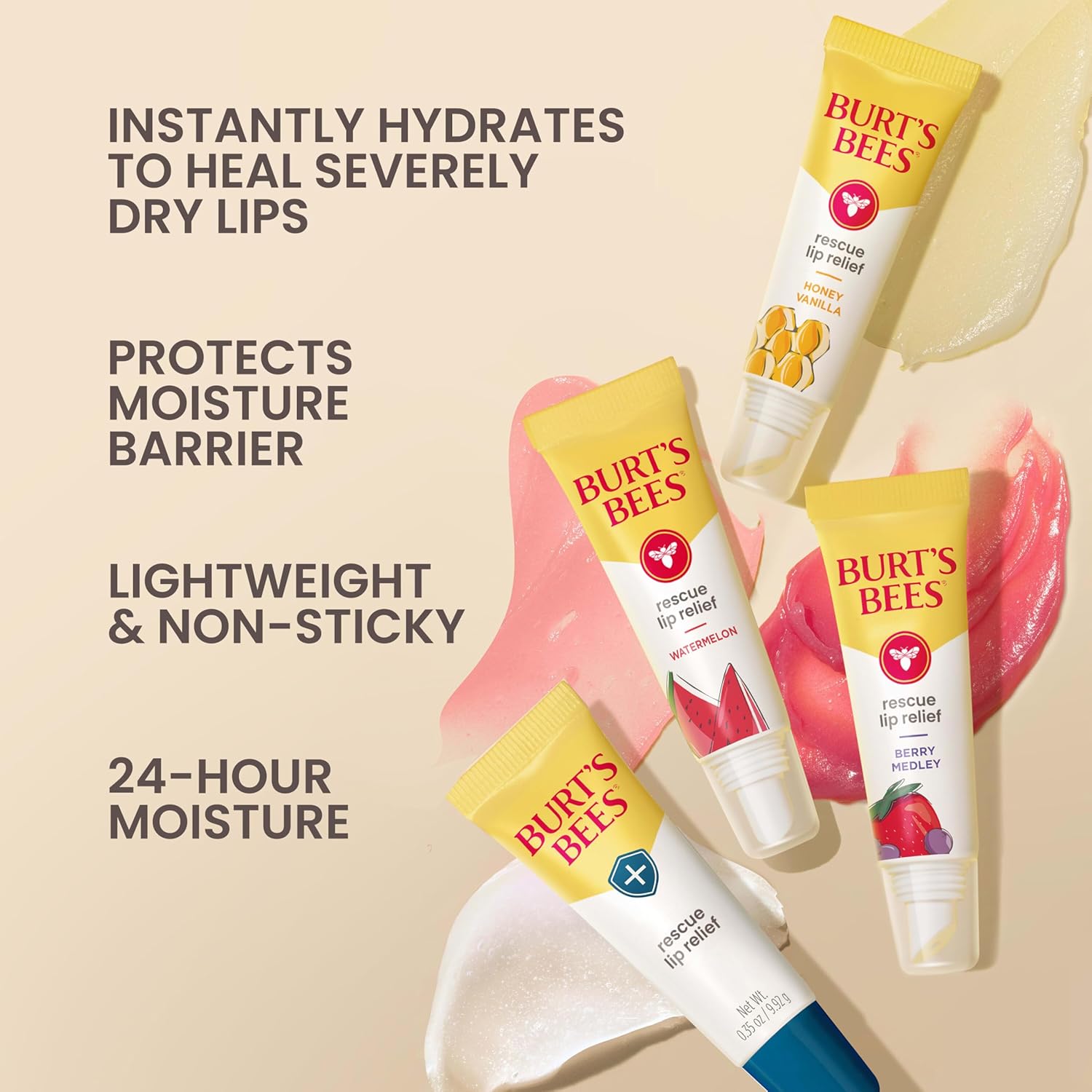 Burt's Bees Stocking Stuffers, Rescue Lip Relief, Watermelon, Hydrating Lip Balm for Dry Cracked Lips, with Responsbily Sourced Beeswax and Shea Butter, 100% Natural Origin, 1 Squeezy Tube, 0.35oz